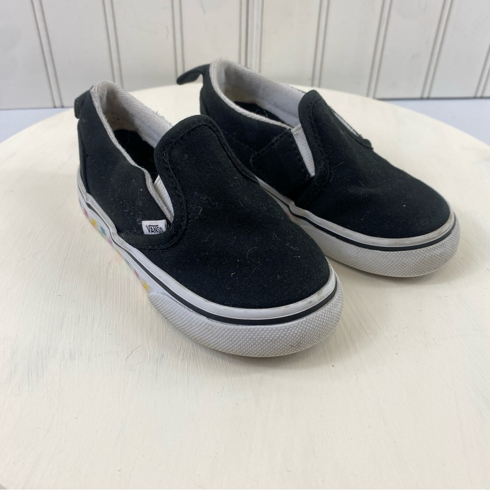 Vans Toddler Black Slip On Checkerboard Rainbow Sneakers Sz 7 - Picture 2 of 11